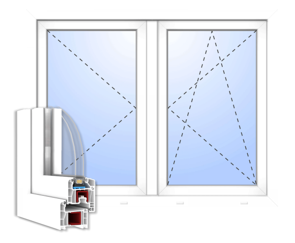Profilquerschnitt 2-fach verglast mit Außenansicht in Weiß Kunststofffenster 71 mm Dreh-Kipp (Li) / Dreh (Re) Stulp