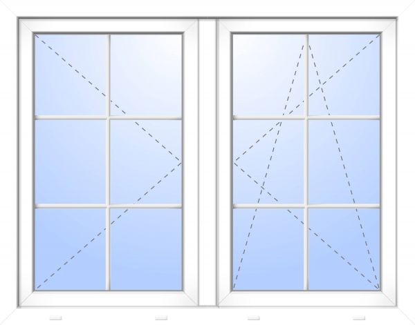 Kunststoff Fenster &quot;ERIK&quot; 74 mm 3-fach Verglasung symmetrisch Dreh-Kipp / Dreh Stulp 2-flügelig 6 Sprossenfelder