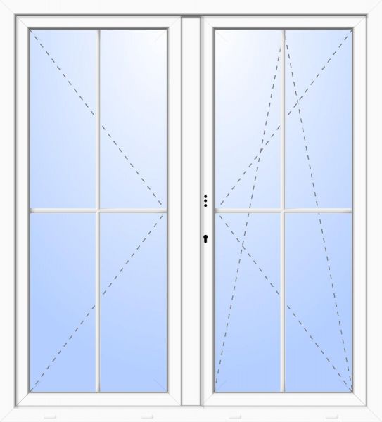 Kunststoff Balkontür &quot;OSKAR&quot; 74 mm 3-fach Verglasung symmetrisch Dreh / Dreh-Kipp Stulp 2-flügelig 4 Sprossenfelder (abschließbar)