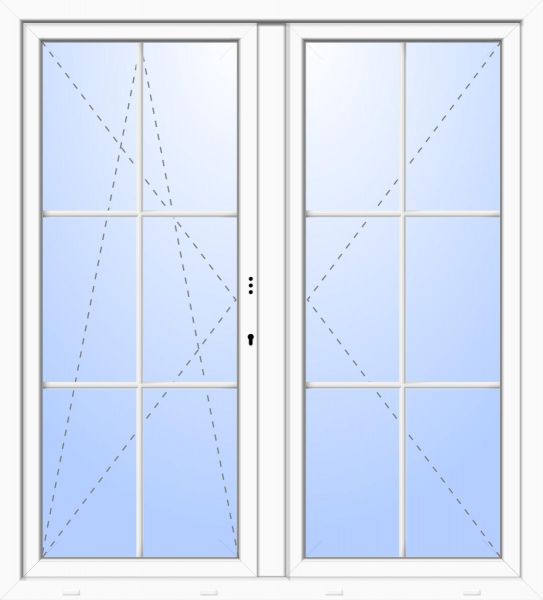 Kunststoff Balkontür &quot;PATRICK&quot; 74 mm 2-fach Verglasung symmetrisch Dreh / Dreh-Kipp Stulp 2-flügelig 6 Sprossenfelder (abschließbar)