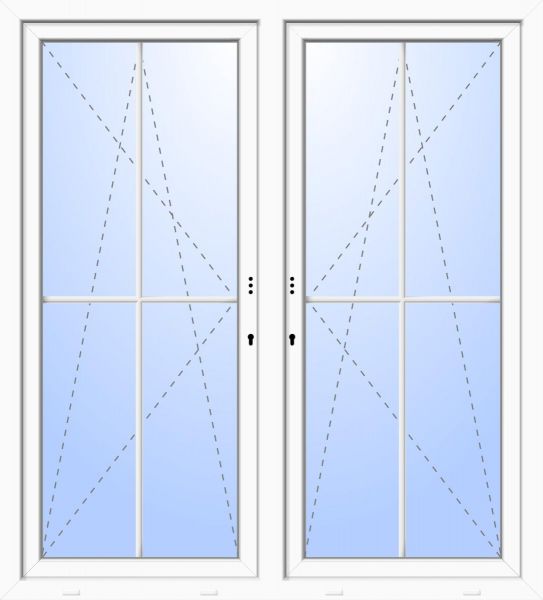 Kunststoff Balkontür &quot;DANIEL&quot; 74 mm 2-fach Verglasung symmetrisch Dreh-Kipp / Dreh-Kipp fester Pfosten 2-flügelig 4 Sprossenfelder (abschließbar)